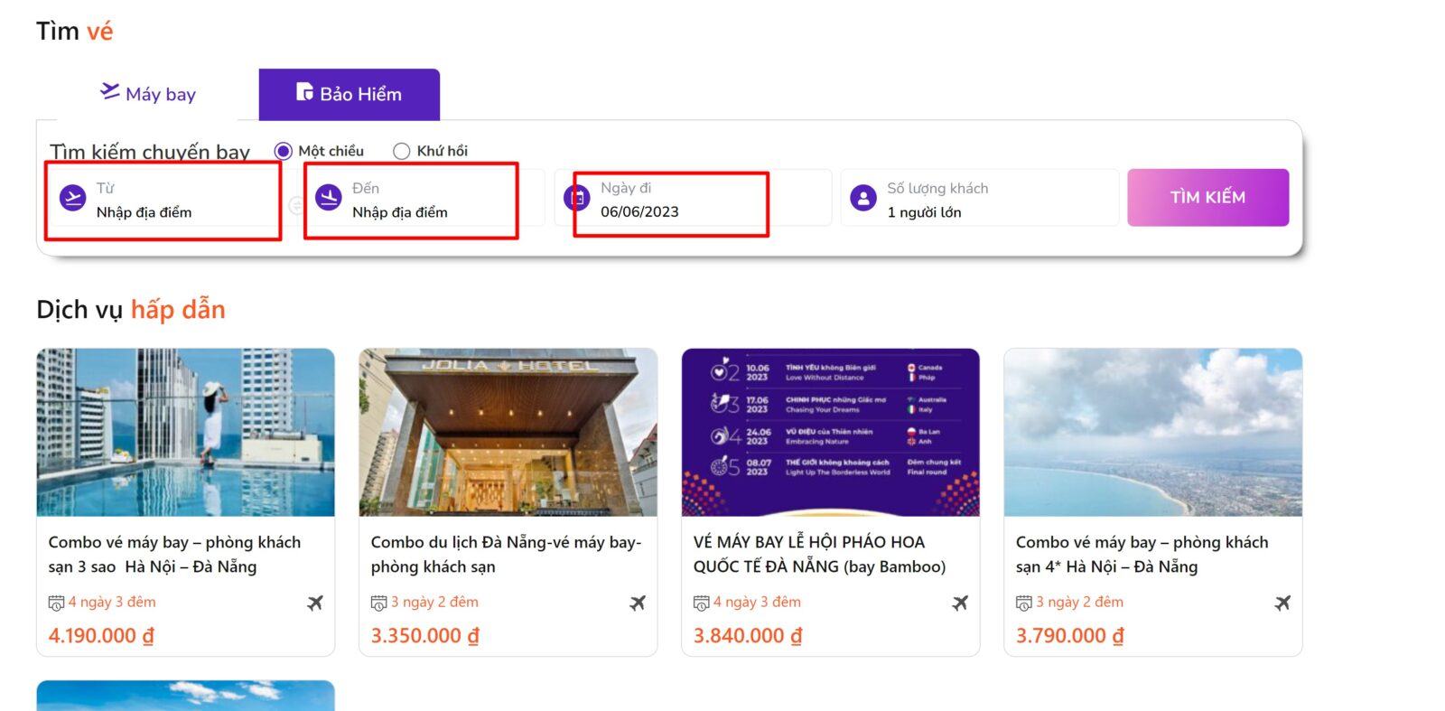 Giao diện tìm vé của tourion